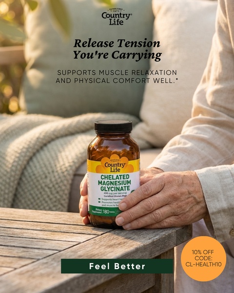 A lifestyle-focused product ad for Chelated Magnesium Glycinate featuring a warm, natural aesthetic with a clear value proposition and offer.